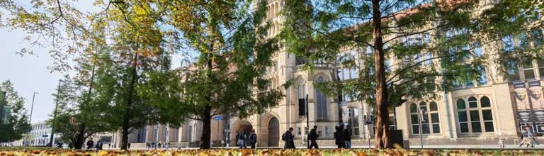 People walking past a large, historic university building with arched windows and ornate stonework, surrounded by tall trees with autumn leaves on the ground.